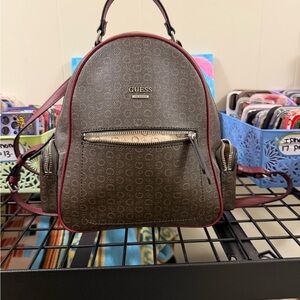 GUESS Brown Monogram Mini Backpack with Burgundy Trim